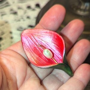 Red Calla Lily Brooch with Pearl Accent